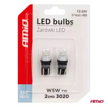 AMIO ΛΑΜΠΑΚΙΑ T10 W5W 12/24V 2x3020 SMD LED ΛΕΥΚΟ PURE LIGHT SERIES AMIO - 2 Τεμ. 03726/AM 
