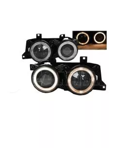 Μπροστινά Φανάρια Set Για Bmw 5 E34 88-95 / 7 E32 86-94 Angel Eyes Με Σταυρό Μαύρα H1/H1 Depo 