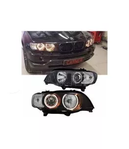 Μπροστινά Φανάρια Set Για Bmw X5 E53 99-03 Angel Eyes Μαύρα Xenon D2S/H7 Με Μοτέρ Depo 