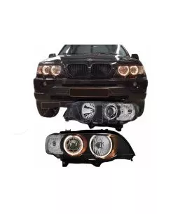 Μπροστινά Φανάρια Set Για Bmw X5 E53 99-03 Angel Eyes Μαύρα Xenon D2S/H7 Με Μοτέρ Depo 