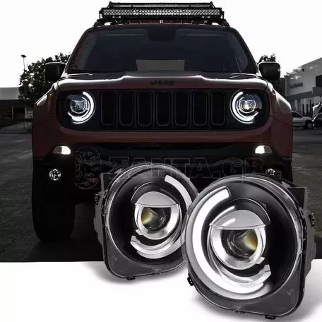 Μπροστινά Φανάρια Set Για Jeep Renegade 2014+ DRL Tube Lights Μαύρα H7 Manual Akkon 