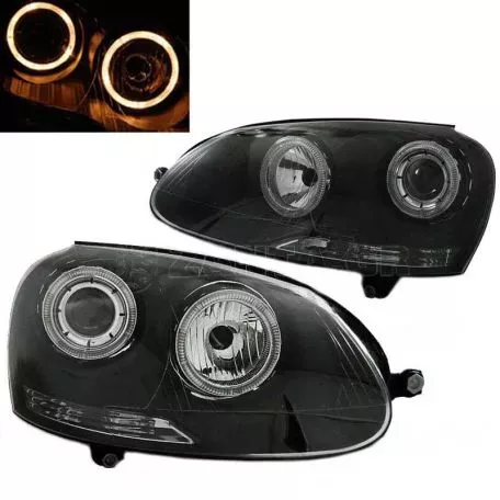 Μπροστινά Φανάρια Set Για Vw Golf 5 03-08 Angel Eyes Μαύρα H7/H7 Με Μοτέρ Depo 