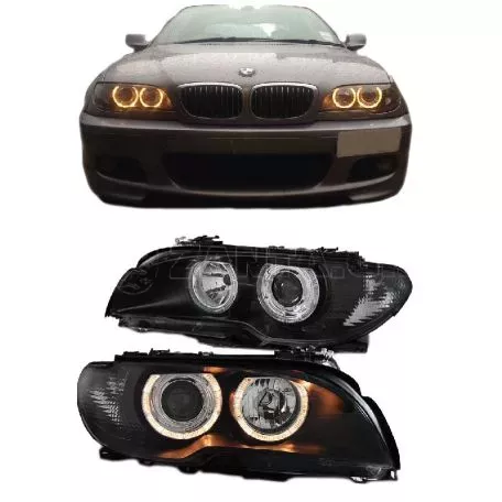 Μπροστινά Φανάρια Set Για Bmw 3 E46 Coupe/Cabrio 03-06 Angel Eyes Μαύρα H7/H7 Με Μοτέρ Depo 