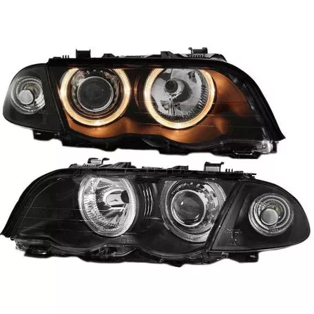 Μπροστινά Φανάρια Set Για Bmw 3 E46 Sedan/Caravan 99-01 Angel Eyes Μαύρα H7/H7 Με Μοτέρ Depo 