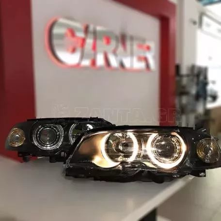 Μπροστινά Φανάρια Set Για Bmw 3 E46 Coupe / Cabrio 99-03 Angel Eyes Μαύρα H7/H7 Με Μοτέρ Depo 