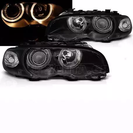 Μπροστινά Φανάρια Set Για Bmw 3 E46 Coupe / Cabrio 99-03 Angel Eyes Μαύρα H7/H7 Με Μοτέρ Depo 