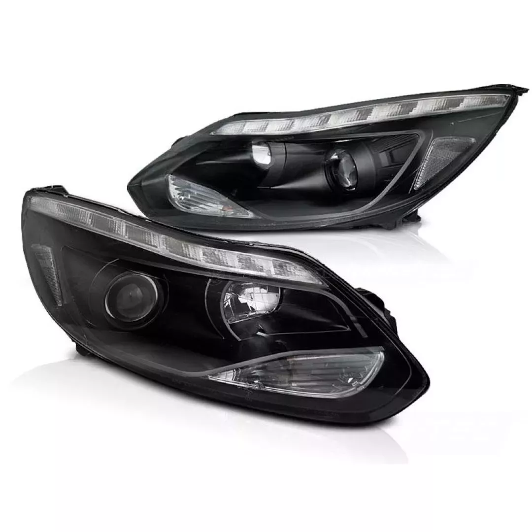 Μπροστινά Φανάρια Set Για Ford Focus 11-14 Led Μαύρα H1/H7 Με Μοτέρ Depo
