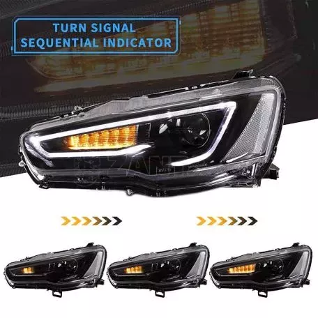 Μπροστινά Φανάρια Set Για Mitsubishi Lancer 07-17 DRL Led Tube & Dynamic Φλας Μαύρο/Χρώμιο H7 Manual VLAND 