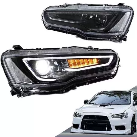 Μπροστινά Φανάρια Set Για Mitsubishi Lancer 07-17 DRL Led Tube & Dynamic Φλας Μαύρο/Χρώμιο H7 Manual VLAND 