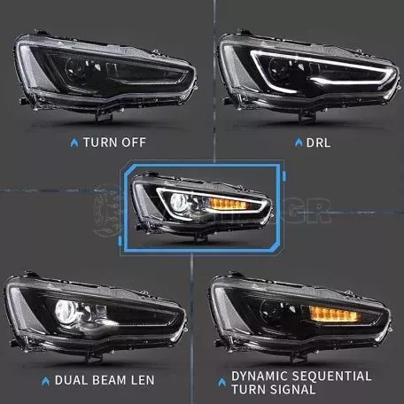 Μπροστινά Φανάρια Set Για Mitsubishi Lancer 07-17 DRL Led Tube & Dynamic Φλας Μαύρο/Χρώμιο H7 Manual VLAND 
