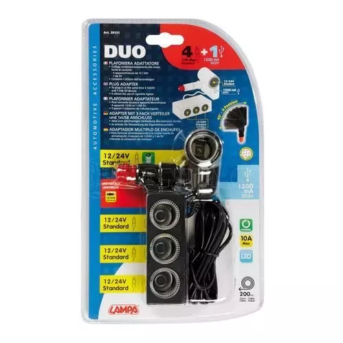 Lampa ΑΝΤΑΠΤΟΡΑΣ ΑΝΑΠΤΗΡΑ 4 ΘΕΣΕΩΝ+USB 10A ΜΕ ΚΑΛΩΔΙΟ 200cm 12/24V DUO 4in1 L3913.1