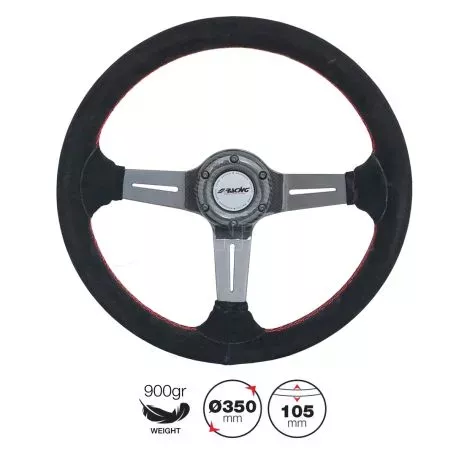 Simoni Racing ΤΙΜΟΝΙ CARLOS ΜΑΥΡΟ/CARBON ΣΟΥΕΤ ΜΕ ΚΟΚΚΙΝΗ ΡΑΦΗ ΤΡΙΑΚΤΙΝΟ ΔΙΑΜΕΤΡΟΣ 350mm ΠΑΧΟΣ 105mm ΒΑΡΟΣ 900gr SRCARLOS 