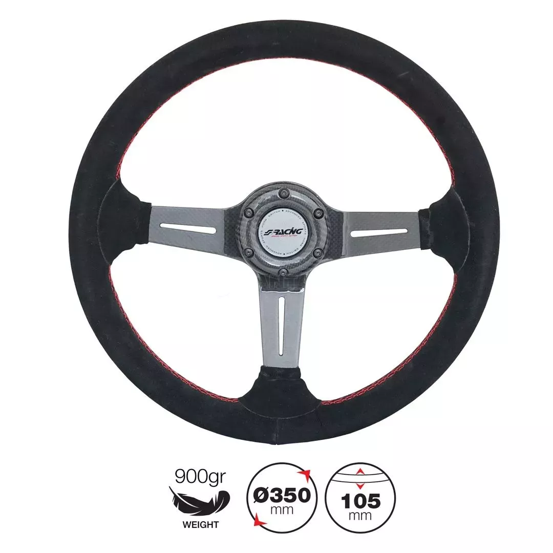 Simoni Racing ΤΙΜΟΝΙ CARLOS ΜΑΥΡΟ/CARBON ΣΟΥΕΤ ΜΕ ΚΟΚΚΙΝΗ ΡΑΦΗ ΤΡΙΑΚΤΙΝΟ ΔΙΑΜΕΤΡΟΣ 350mm ΠΑΧΟΣ 105mm ΒΑΡΟΣ 900gr SRCARLOS
