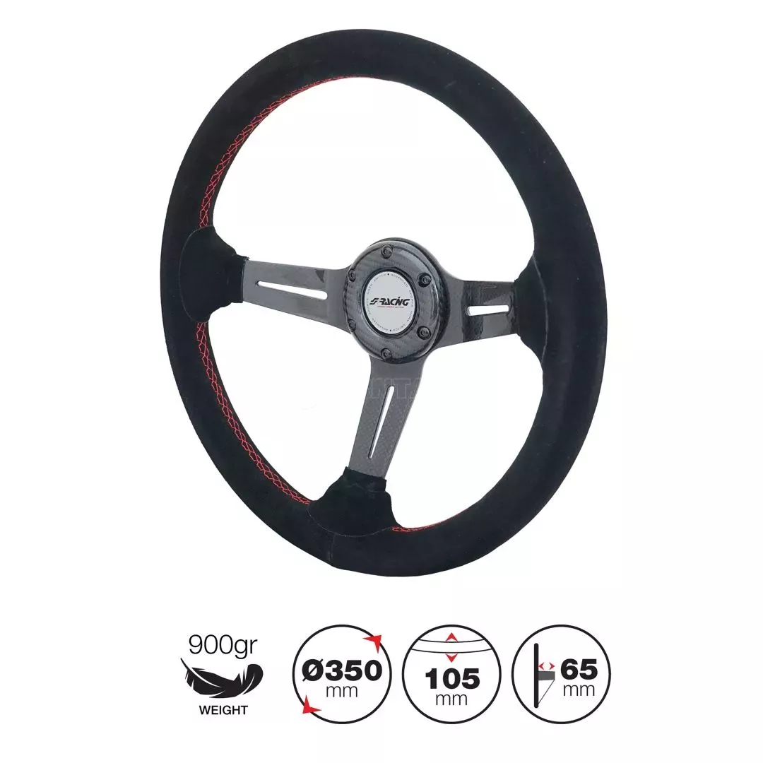 Simoni Racing ΤΙΜΟΝΙ ΤΟΜΜΙ ΜΑΥΡΟ/CARBON ΣΟΥΕΤ ΜΕ ΚΟΚΚΙΝΗ ΡΑΦΗ ΤΡΙΑΚΤΙΝΟ ΔΙΑΜΕΤΡΟΣ 350mm ΒΑΘΟΣ 65mm ΠΑΧΟΣ 105mm SRTOMMI