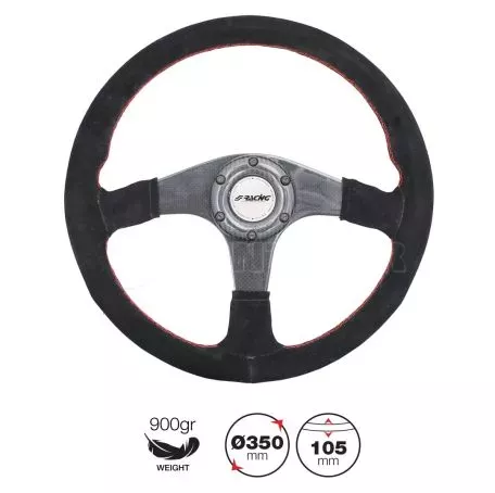 Simoni Racing ΤΙΜΟΝΙ WALTER ΜΑΥΡΟ/CARBON ΣΟΥΕΤ ΜΕ ΚΟΚΚΙΝΗ ΡΑΦΗ ΤΡΙΑΚΤΙΝΟ ΔΙΑΜΕΤΡΟΣ 350mm ΠΑΧΟΣ 105mm ΒΑΡΟΣ 900gr SRWALTER 