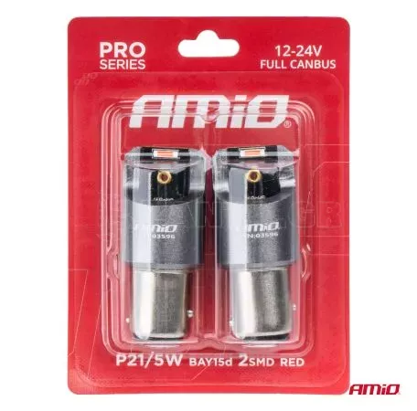 AMIO ΛΑΜΠΑΚΙΑ P21/5W BAY15d 12/24V 6.000K 2xSMD LED FULL CAN-BUS ΚΟΚΚΙΝΟ PRO SERIES AMIO - 2 Τεμ. 03596/AM 